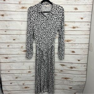 Loft Gray Animal Print Tie Waist Button Front MIDI Shirt Dress